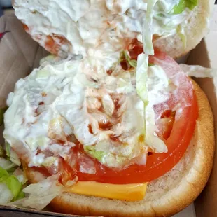 Fish sandwich with the extras (tomatoes, lettuce, ketchup &amp; extra tartar sauce), but no darn fillet in it. Sigh!