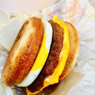McGriddle with round egg, sausage, &amp; cheese - yum!