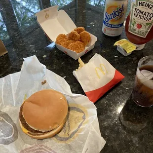 McDouble, spicy chicken nuggies  , small fries