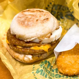 Egg McMuffin (extra sausage) + hash brown