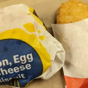 Bacon, egg, &amp; cheese biscuit and hash brown