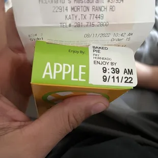 Expired apple pie received next to my receipt showing the time I ordered the food.