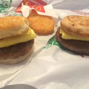 Sausage egg cheese mc griddle, biscuit sausage and egg and hashbrowns