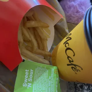 french fries and a cup of coffee