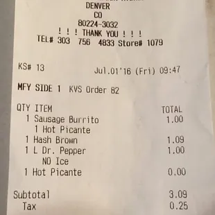 the receipt for the restaurant