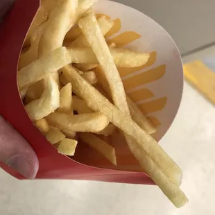 a hand holding a container of french fries