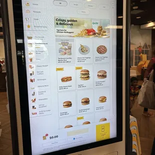 a menu displayed on a large screen