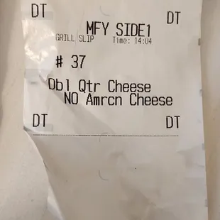 a receipt for a cheese sandwich