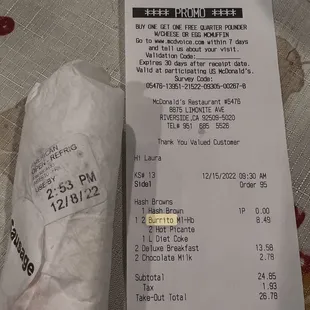 Burrito with 12/8 date and receipt showing I bought it 12/15. Gave me 2 burritos a week old.
