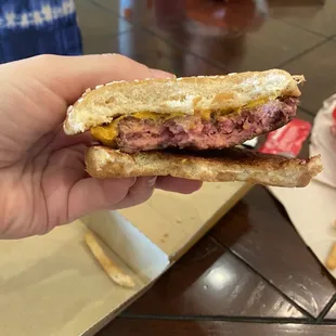 Pink undercooked beef.