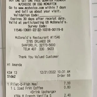 the receipt for the restaurant