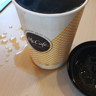 Burning hot coffee, filled to the brim, even after some spilled out of the cup, once lid was removed.