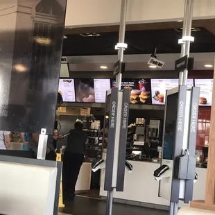 Order at the touch screen machine, pay at the machine if using credit card, counter for cash.