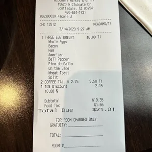 the receipt for the restaurant