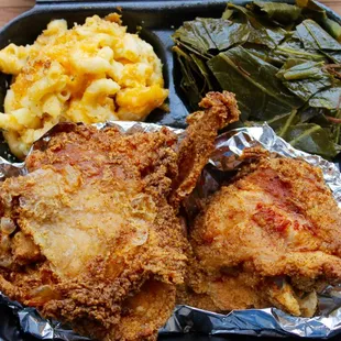 Fried chicken with collard greens and mac n cheese