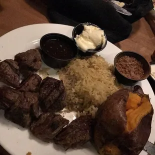 Beef tips rice gravy and sweet potato was all amazing