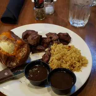 Beef tips, sweet potatoe and rice!