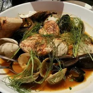 Bay bouillabaisse was delicious, with oysters, mussels, clams, and sword fish!