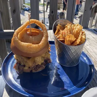 Pulled Pork BBQ Sammy and homemade Old Bay Chips