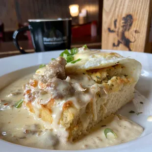 Biscuits &amp; Gravy
-House made banger sausage gravy over our house made biscuits and two eggs made your way.