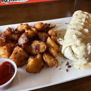 Tri-Cheese Breakfast Burrito / Irish Potato's