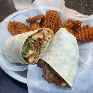 Buffalo wrap with sweet potato fries