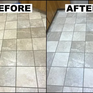 Gray tile kitchen floor before and after pics.