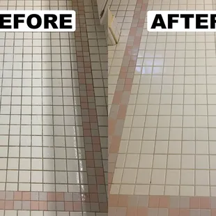 Side by side of the before and after pic of a bathroom tile floor cleaned by us.