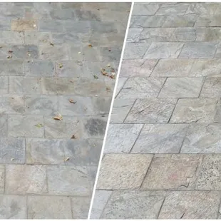 Before and after of slate floor cleaning.