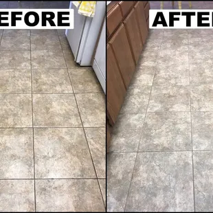 Before and after pics of a tile floor cleaning. Our equipment does a great job.