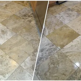 Before and after pic of travertine floor cleaning.