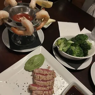 Shrimp cocktail. Ahi tuna. Broccoli.