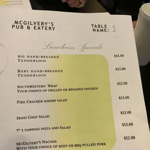 Top half of menu
