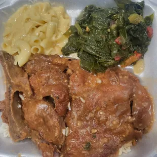 Smothered Pork Chops, Mustard Greens and Mac and Cheese