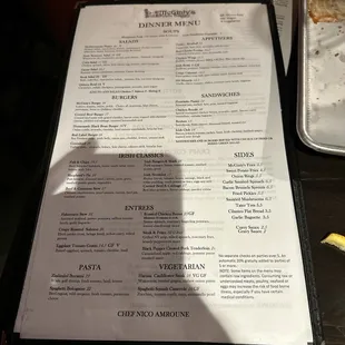 Dinner menu