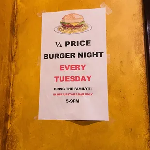Half off burgers on Tuesdays.