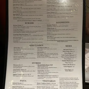 Dinner menu