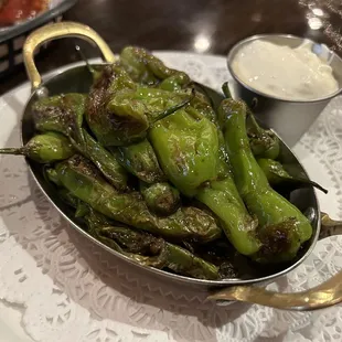 Blistered shishito peppers and dip