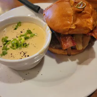The full-size McCrackin Burger with beer cheese soup.