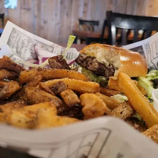 a basket of fries and a burger