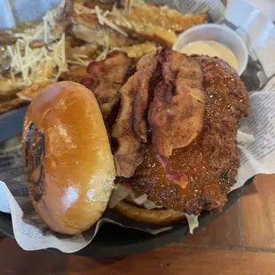 Buffalo Irishmen Chicken Sandi with garlic Parmesan fries