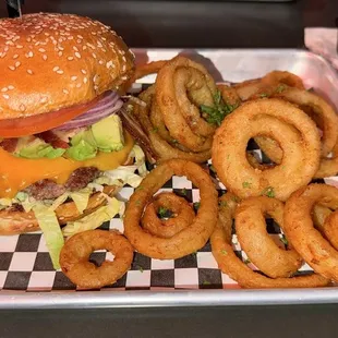 NorCal Burger with onion rings...a LOT of stuff on this burger and it held up admirably.