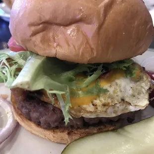 &quot;The Belly Burger&quot; 70/30 Beef/Pork Belly patty topped with Bacon, Fried Egg, American Cheese.