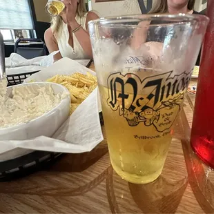 Cold beer a great compliment to the Potato chip basket with Classic French Onion Dip.
