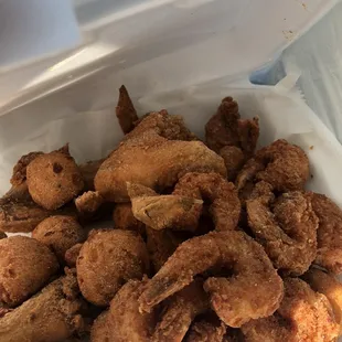 Fried shrimp, wings, hush puppies