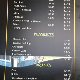 prices for the menu