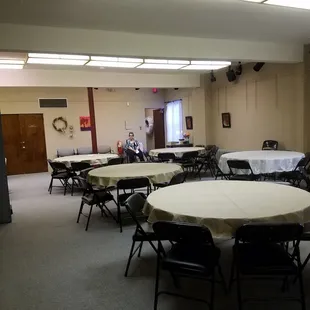 The upstairs is where the restrooms are and has plenty of room for gatherings as well as lounging spaces.