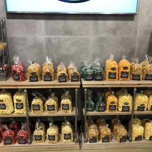 Variety of popcorn from caramel to banana