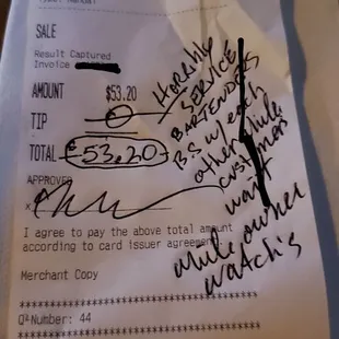 Receipt with remarks and no tip