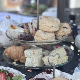 Scones, dessert, and sandwich tower.
